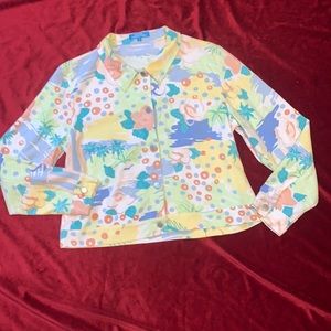 Cotton Connection Pastel Island Print Long Sleeve Button Up Women’s Shirt Sz M